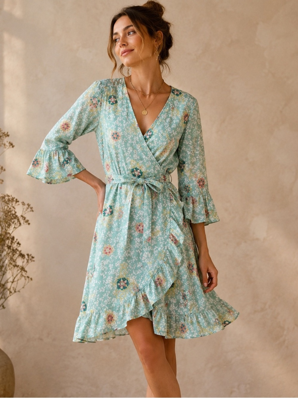 Odd Molly Incorporated Sample Wrap Dress Boho Mint Floral Ruffle Dress